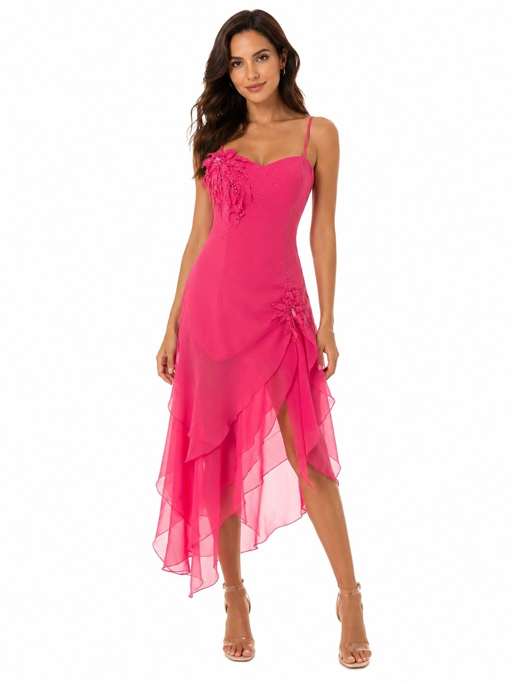 Coral Spaghetti-Strap Asymmetrical Evening  Salsa Dance Party Dress